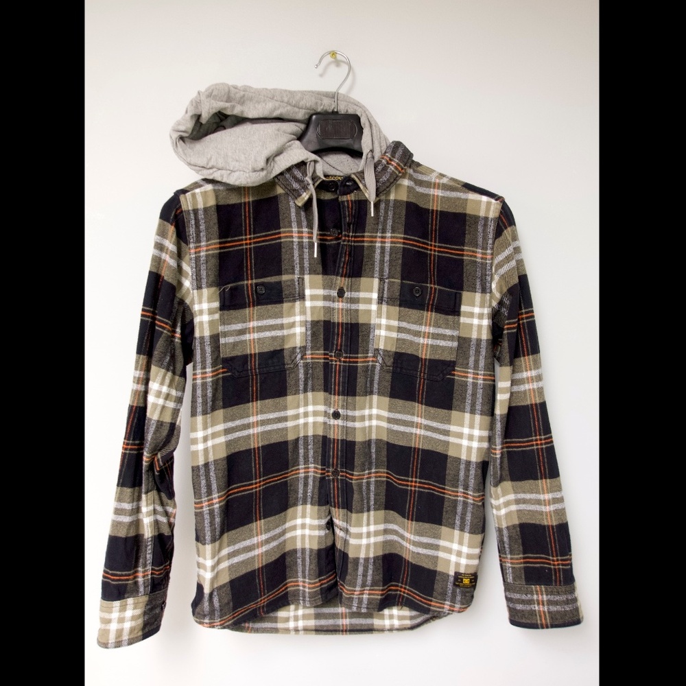 DC Shoe Co Hooded Plaid Flannel Shirt Mens Large Olive Black Orange